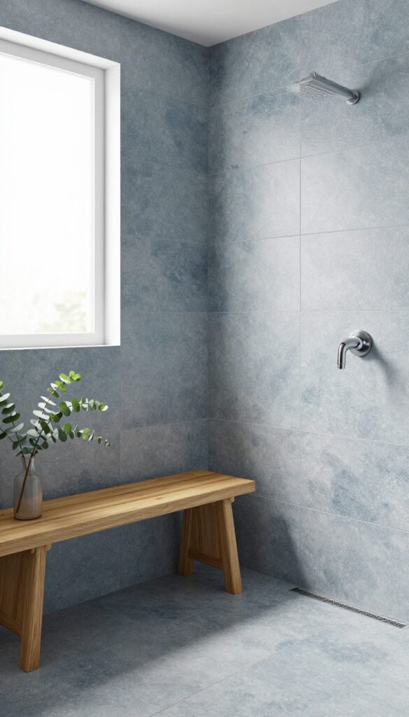 Blue stone-look tile shower with wood accents and greenery, natural spa bathroom design