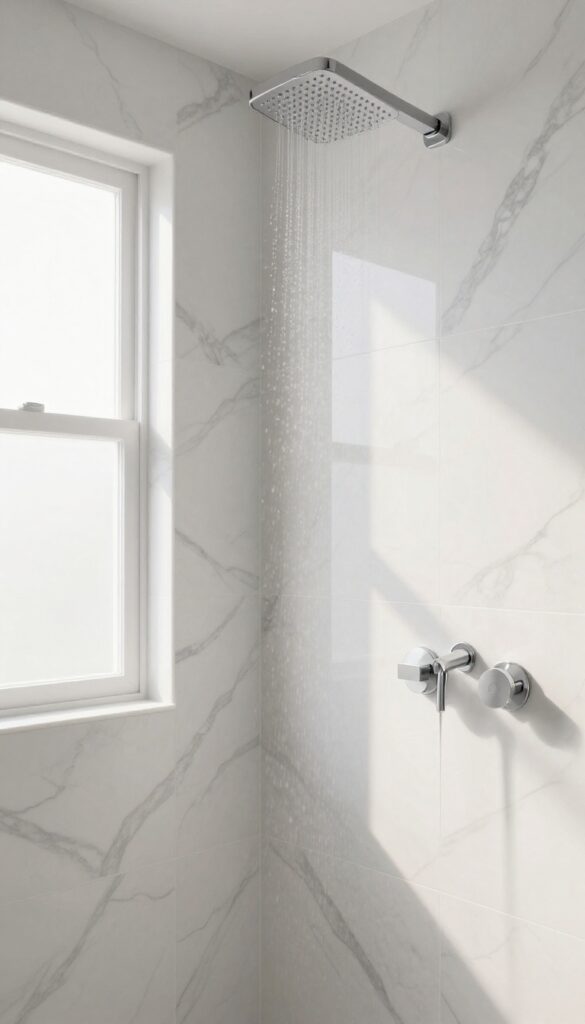 Marble-look ceramic or porcelain shower wall tiles with realistic veining in a bright, clean bathroom.