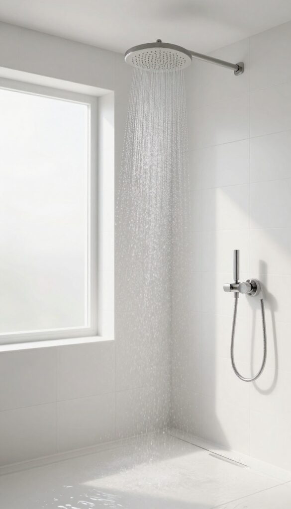 Rainfall showerhead in a bright, tiled shower with soft natural light