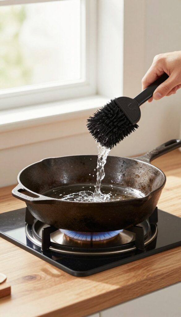 Cleaning a well-seasoned cast iron skillet with hot water and a brush, no soap