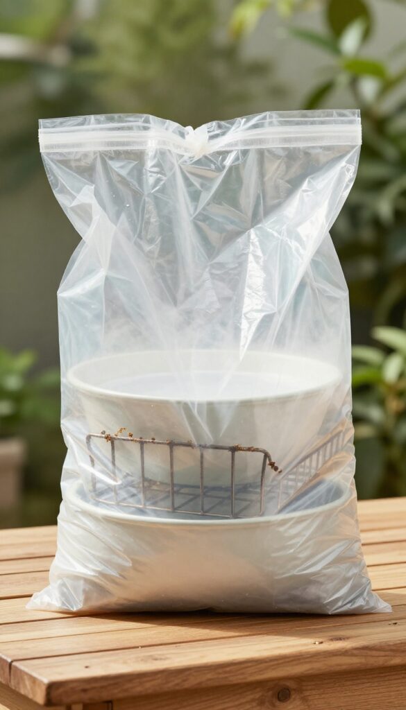 Ammonia fume treatment for oven racks in a sealed garbage bag outdoors