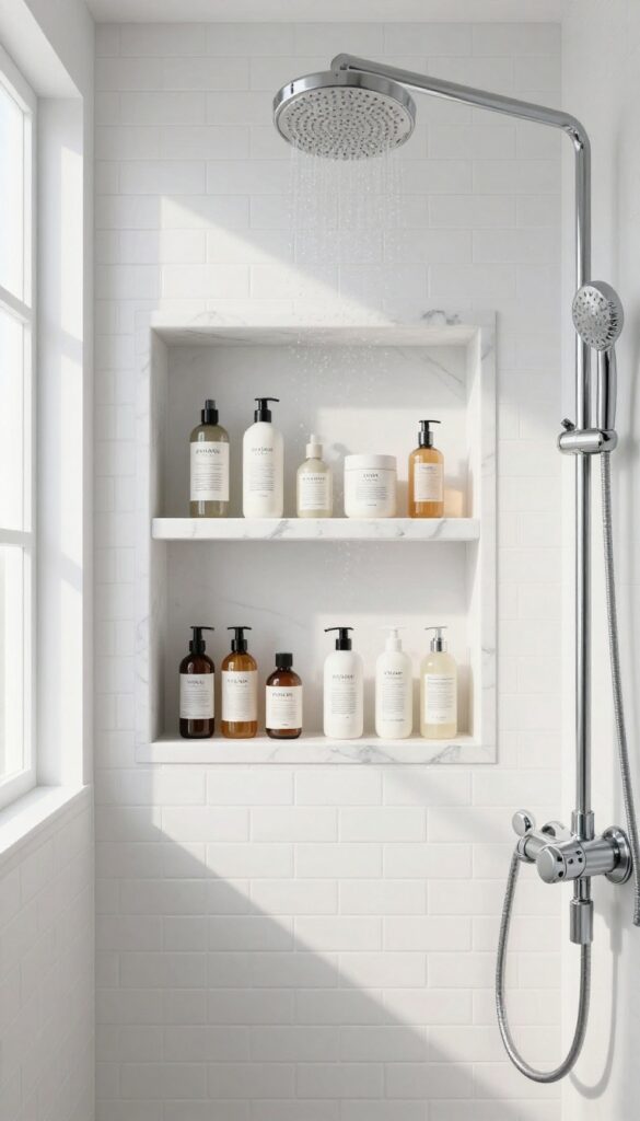 Built-in shower niche with organized bottles and natural light