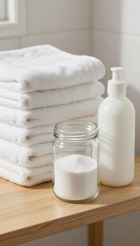 Towels and ingredients for towel stripping: baking soda and white vinegar