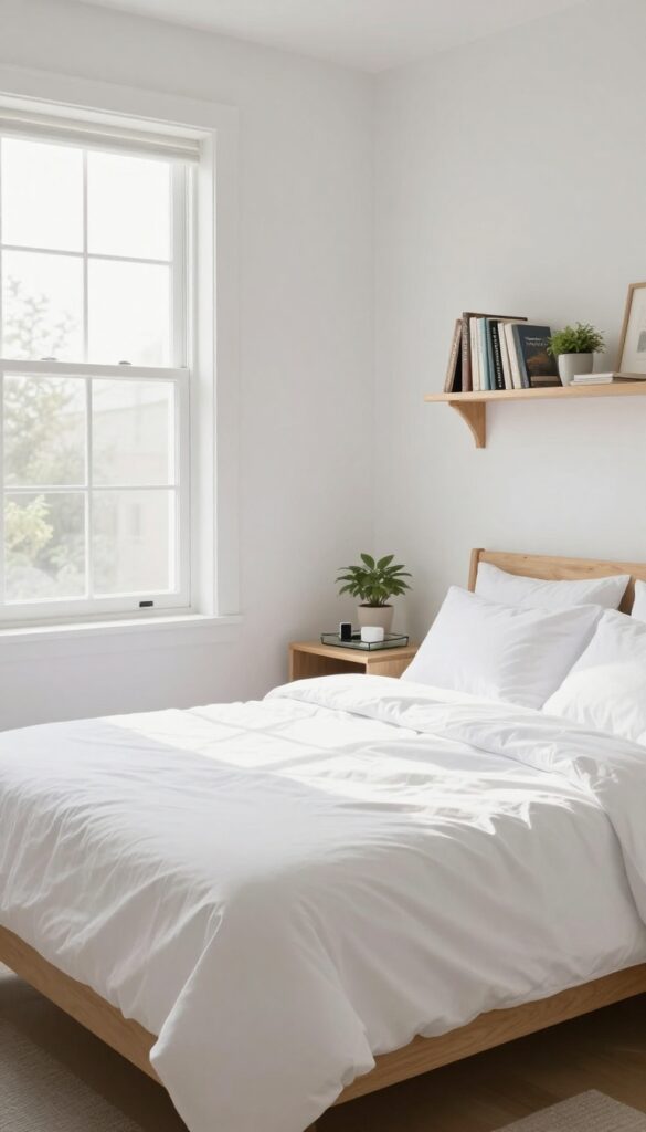 Tidy bedroom with designated spots for phone charger, glasses, books, and plant on a shelf