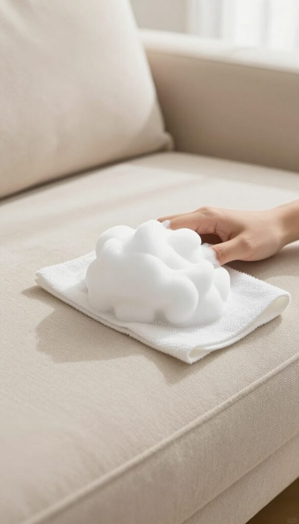 Shaving cream foam applied to a stain on a microfiber couch, with a damp cloth nearby, in bright natural light.