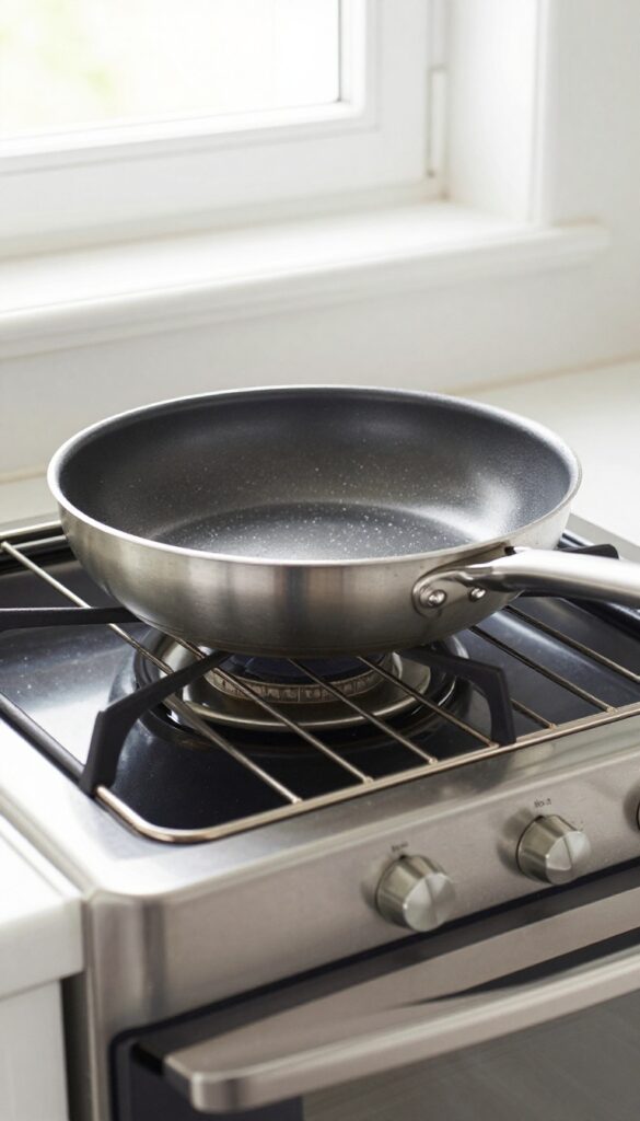 Stainless steel pan upside down in oven for self-cleaning cycle