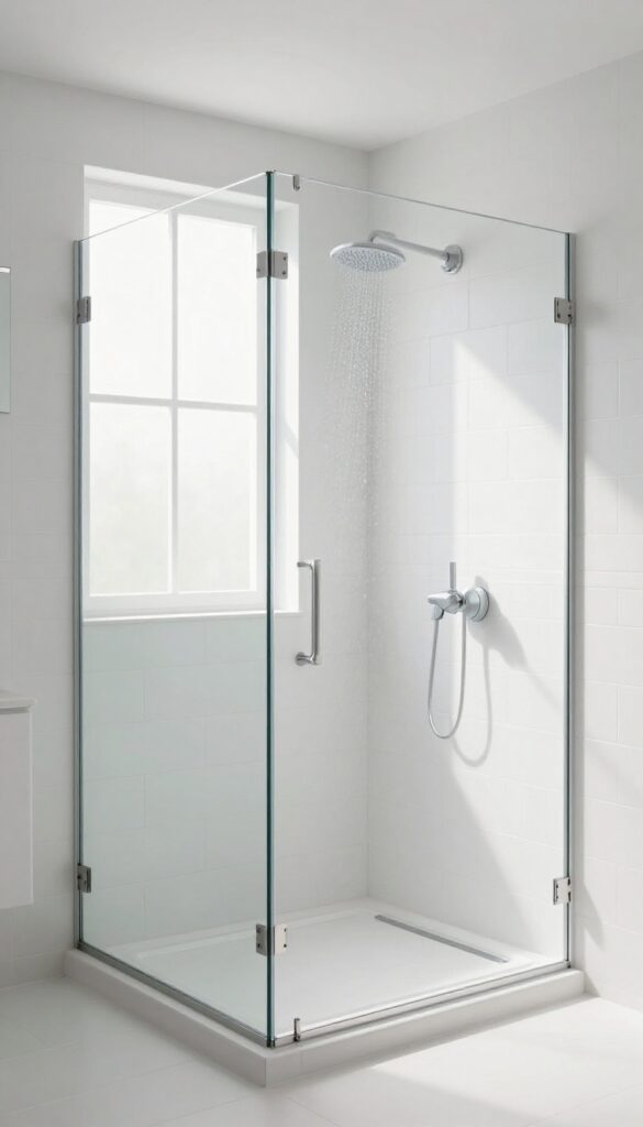 Minimalist framed glass shower in small bathroom with natural light and clean design