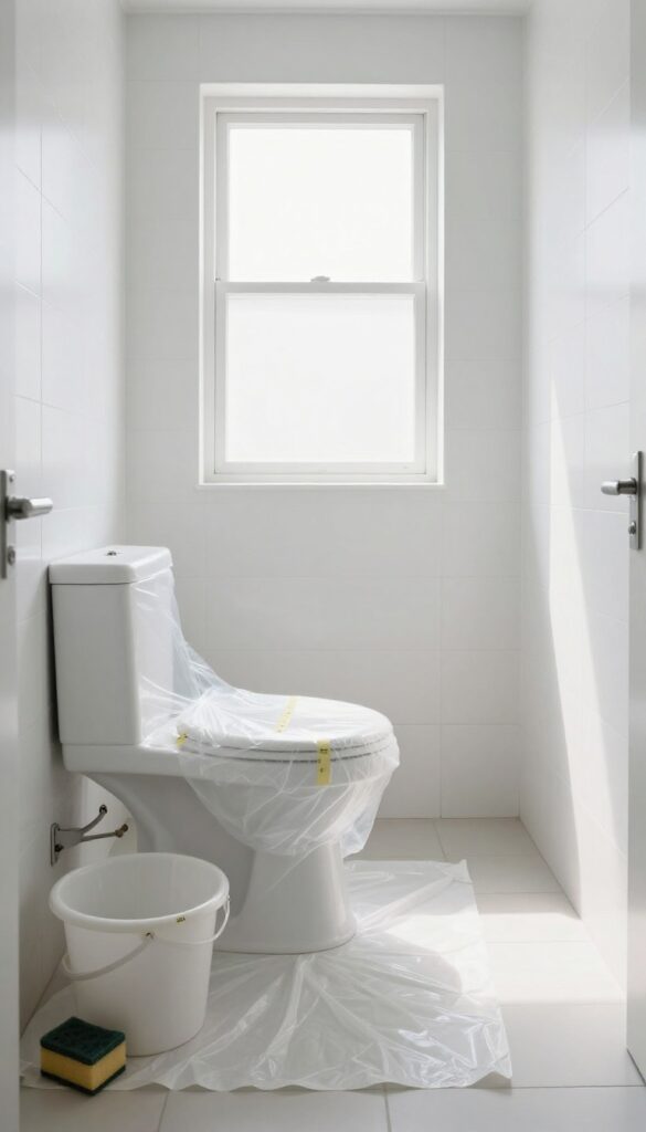 Empty bathroom prepared for cleaning with protective covers on floor and toilet