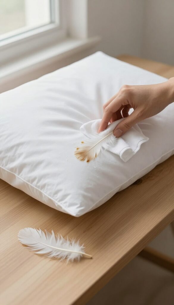 Person spot cleaning a coffee stain on a white feather pillow with a damp cloth, bright natural light, clean composition.