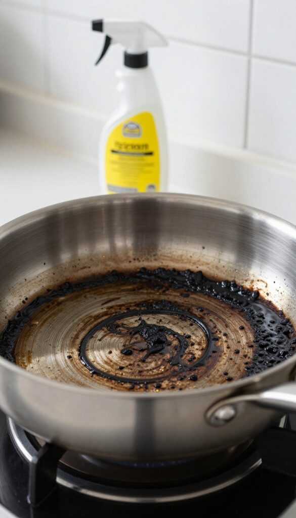 Stainless steel pan with burnt-on grease next to a commercial degreaser spray bottle on a kitchen counter