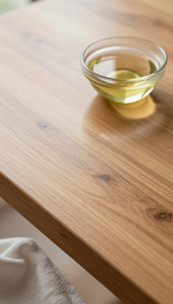 Polishing a wooden table with a natural olive oil and vinegar mixture