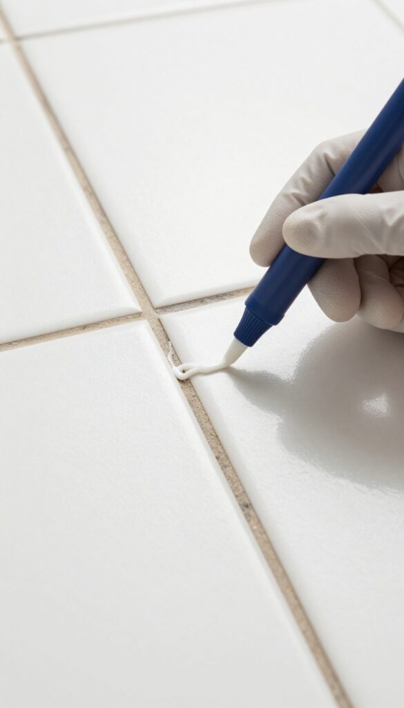 Hand applying bleach pen gel to grout lines on a white tile floor