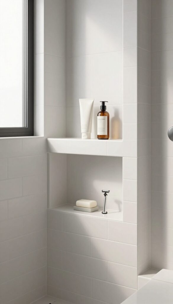 Double-height shower niche with tall bottles on upper shelf and small items on lower shelf, modern bathroom design