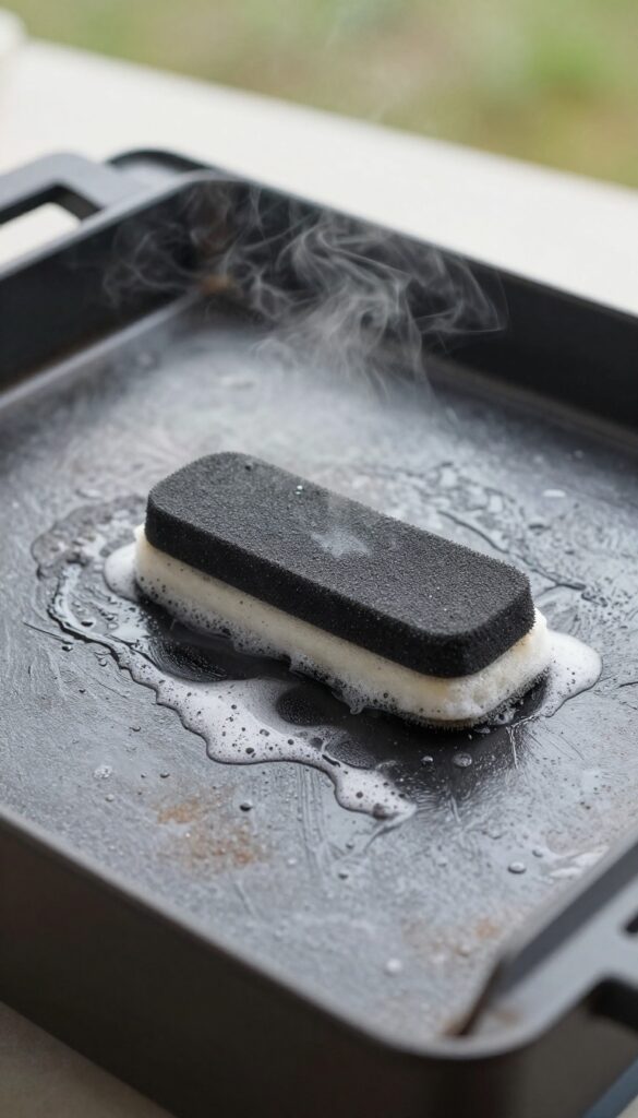Close-up of cleaning a Blackstone griddle with grill stone and degreaser suds in bright natural light