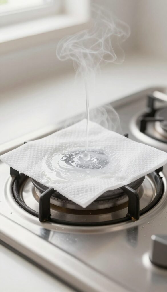 Wet dryer sheet on a greasy stove burner grate with warm water being poured over it.