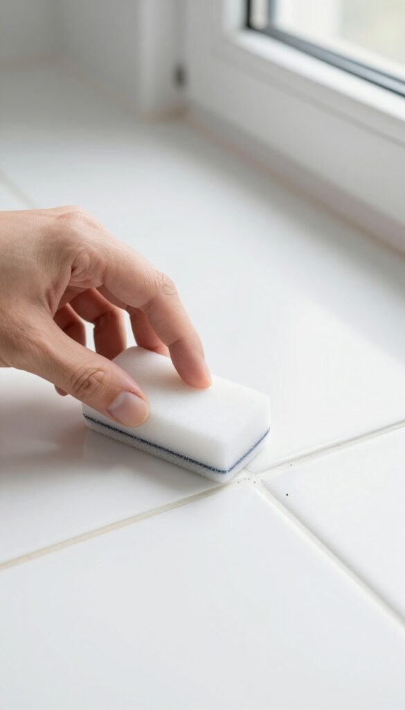 Hand using a magic eraser to clean white grout on a bathroom floor