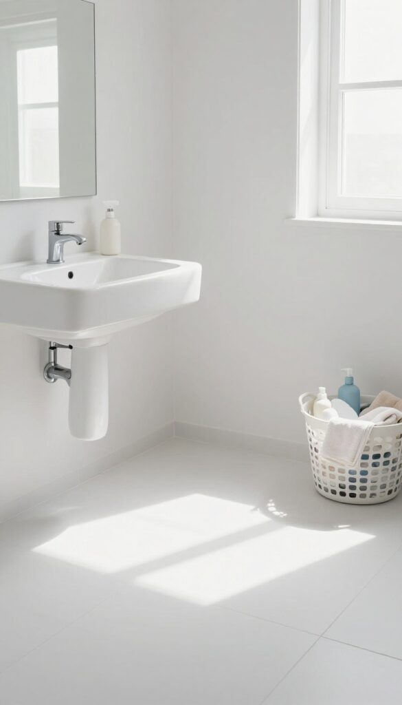 Empty bathroom with all items removed, laundry basket outside the door, bright natural light