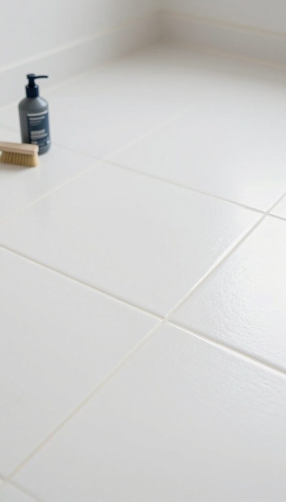 Close-up of clean tile floor with sealed grout, sealer bottle and brush nearby, bright natural light