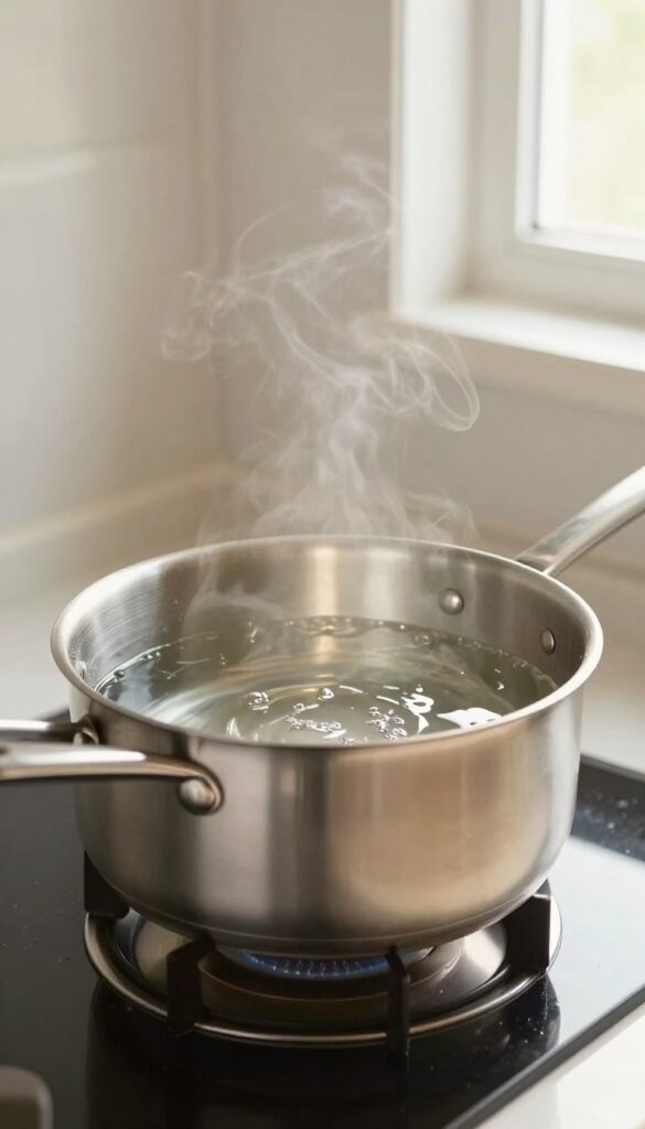 Stainless steel pan with water and vinegar on stove, steam rising, bright natural light