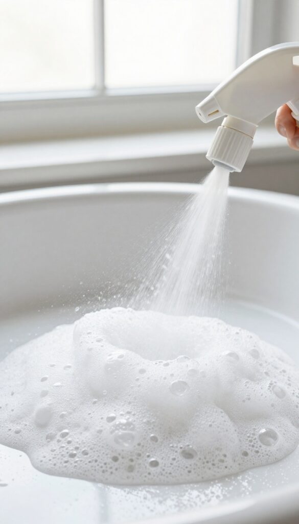 Spraying white vinegar on baking soda in a bathtub to create a fizzing cleaning reaction