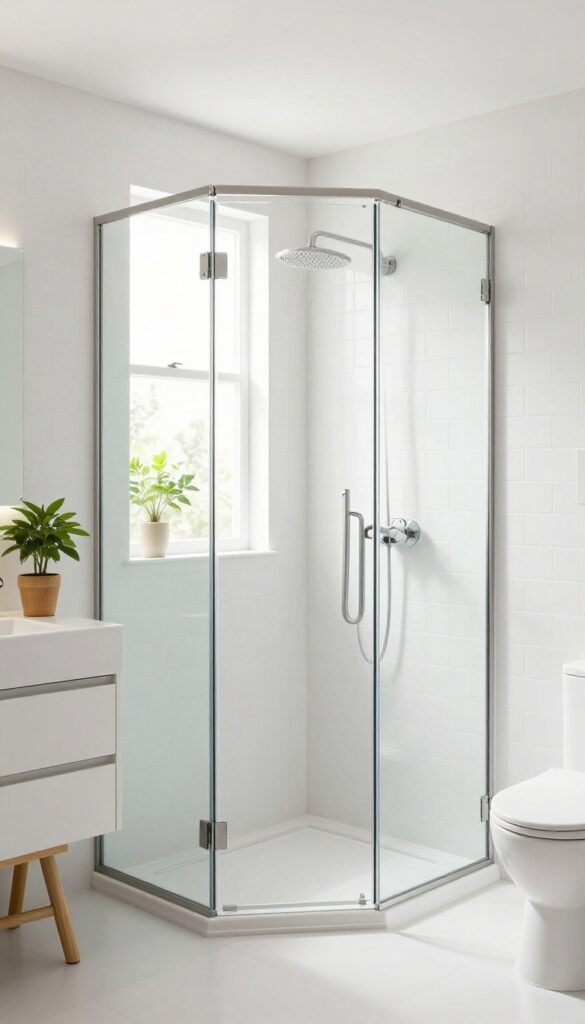 Neo-angle glass shower enclosure in a bright, modern bathroom