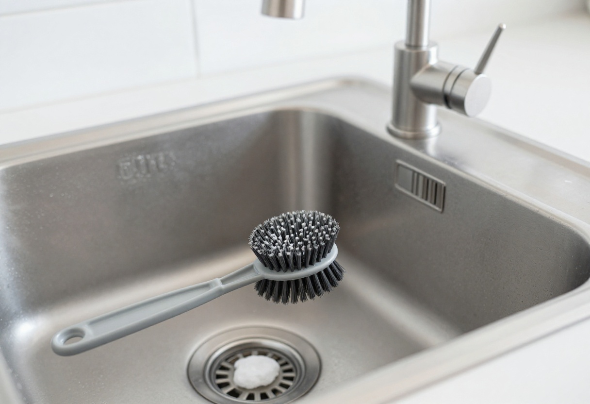 Clean kitchen sink with drain and cleaning supplies