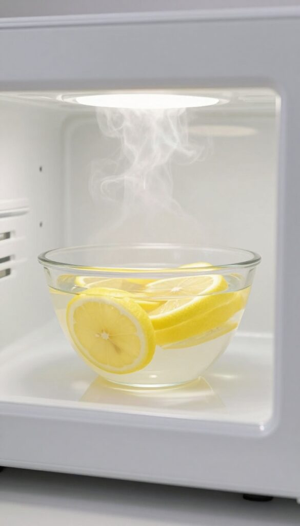 Steam cleaning a microwave with lemon slices in a bowl