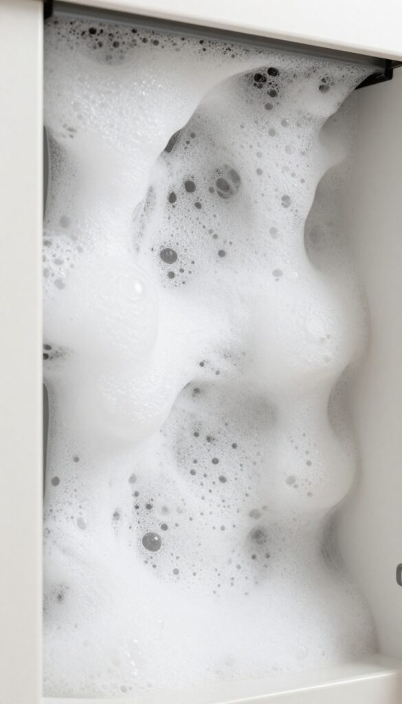 Baking soda and vinegar foam clinging to vertical oven wall