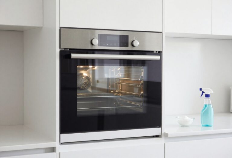 Clean oven interior with baking soda and vinegar cleaning supplies on counter
