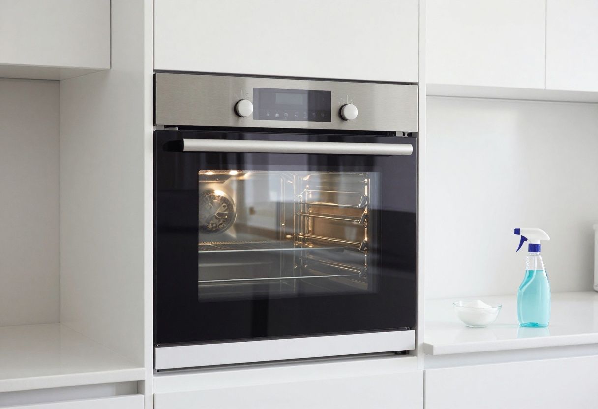 Clean oven interior with baking soda and vinegar cleaning supplies on counter