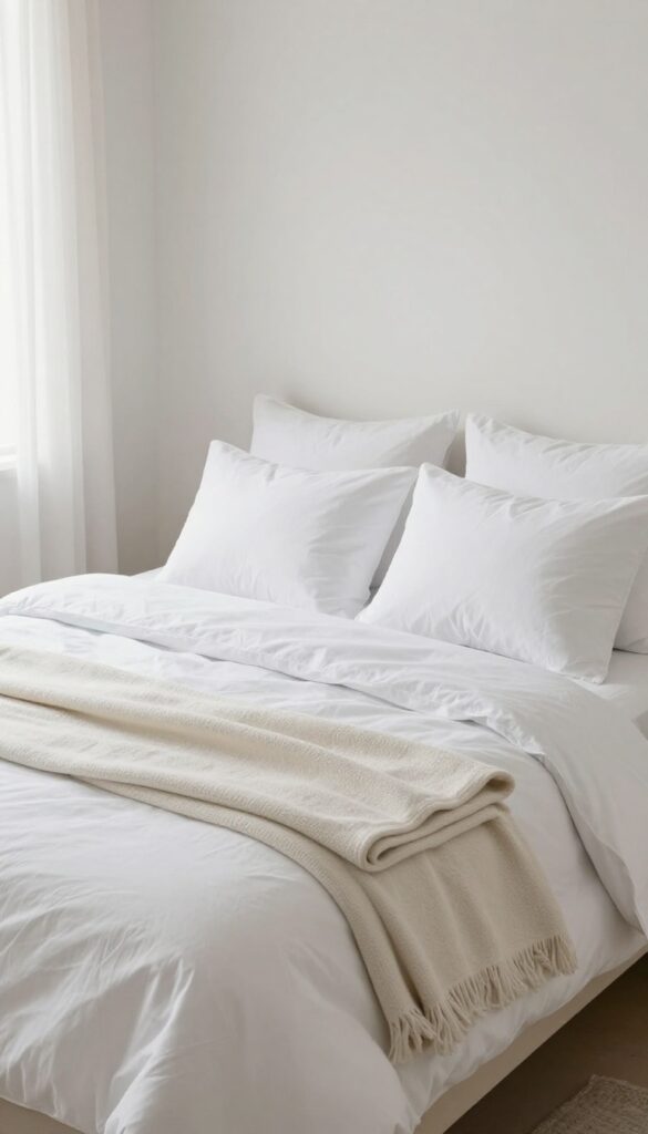 Neatly made bed with fluffy pillows and folded throw blanket in a bright, clean bedroom