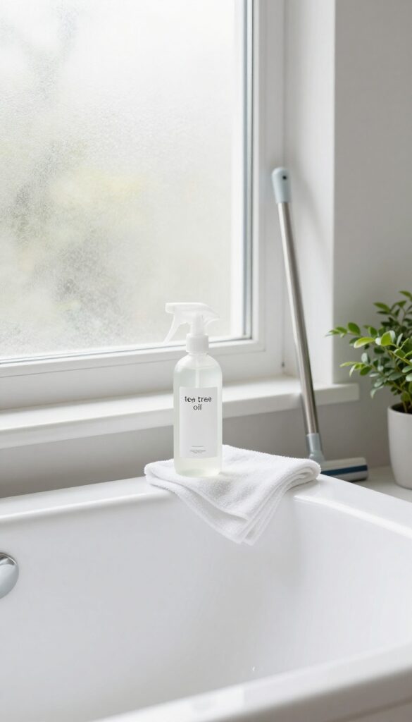 A clean white bathtub with a spray bottle, cloth, and squeegee nearby in a bright bathroom