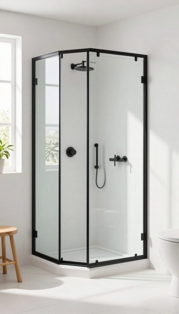 Glass shower with black metal framing in a bright bathroom