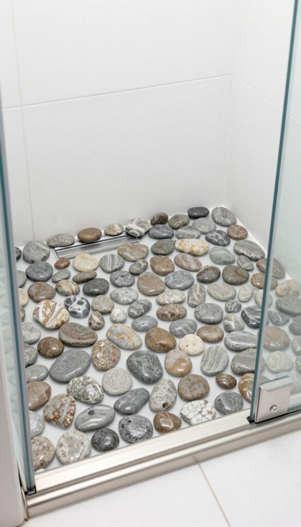 River rock shower floor with linear drain