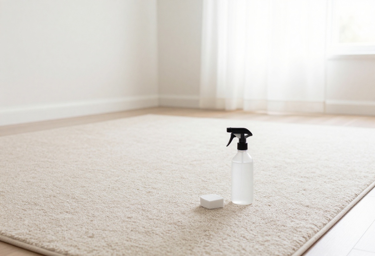 Clean beige carpet with cleaning supplies like a spray bottle and baking soda on the floor
