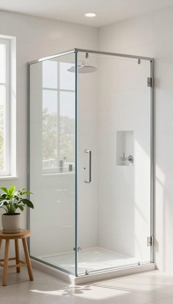 Bright bathroom with frameless glass shower door, natural light, clean design