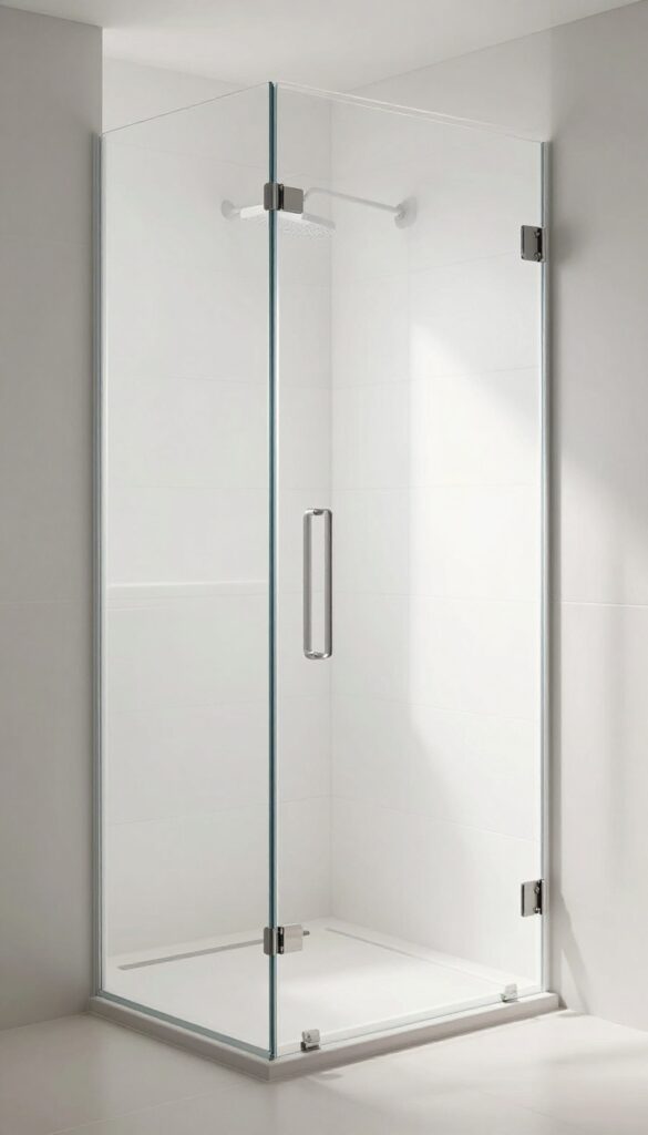 Small bathroom with clear glass shower door, bright natural light, open and airy feel