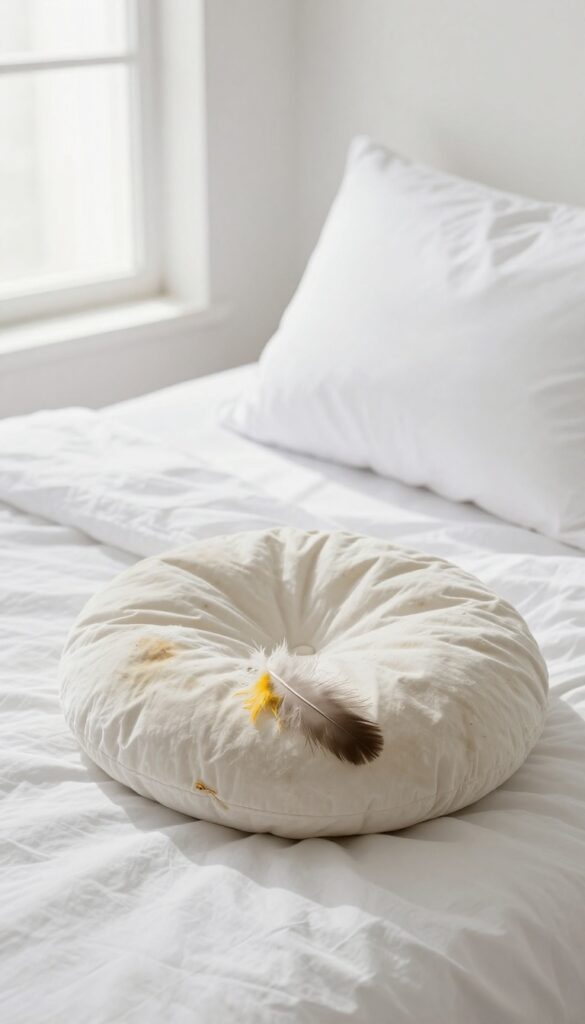 Worn feather pillow with feathers poking out and yellowing, next to a fluffy new pillow, in bright natural light