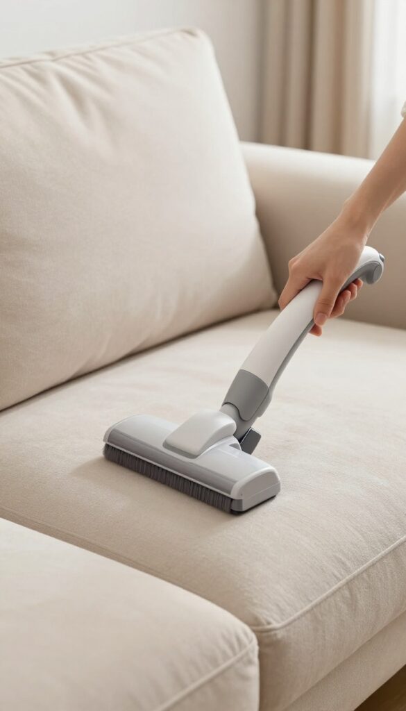 Person vacuuming a microfiber couch with a soft brush attachment to prevent water rings
