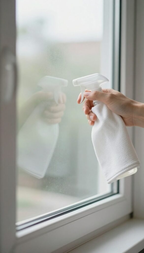 Sparkling clean oven glass window with rubbing alcohol and microfiber cloth