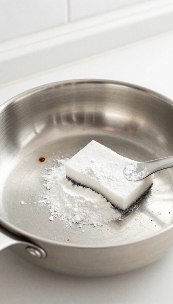 Cleaning baked-on grease from a stainless steel pan with Bar Keepers Friend powder and a sponge.