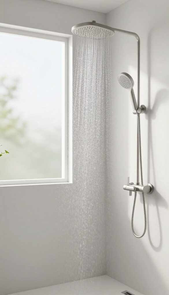 Modern bathroom with rain showerhead and handheld sprayer in natural light