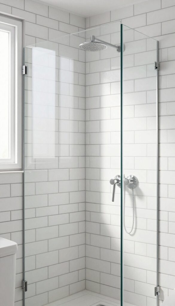 Small shower with vertically stacked white subway tiles and dark gray grout, bright natural light, clean minimalist design