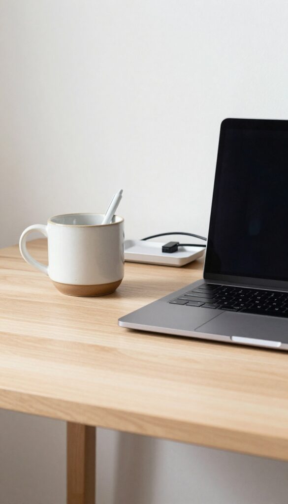 Tidy desk with organized pens, papers, and hidden cables in bright natural light