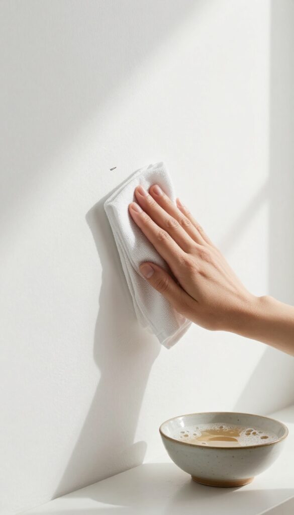 Hand wiping a scuff mark on a white wall with a damp cloth and a bowl of soapy water nearby.