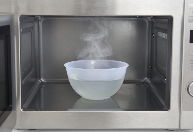 Microwave with a bowl of vinegar and water steaming inside