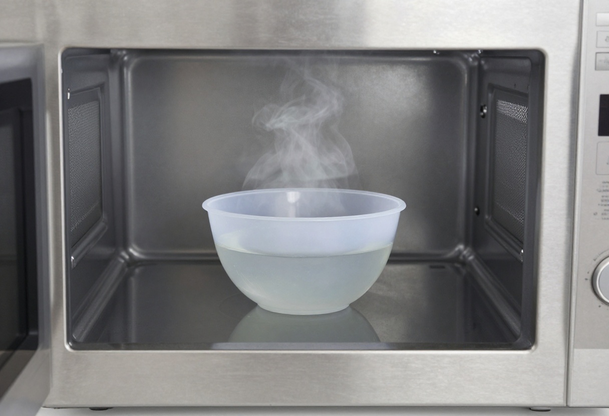 Microwave with a bowl of vinegar and water steaming inside