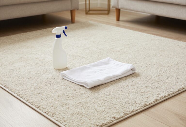 Carpet cleaning supplies on a clean beige carpet in a bright living room