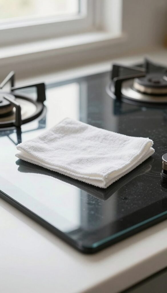 Clean glass stovetop with a damp microfiber cloth on the edge under bright natural light