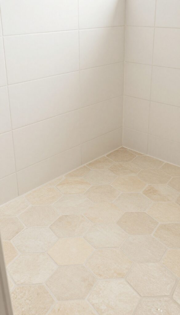 Hexagon mosaic floor tile in a neutral beige tone with large white wall tiles, creating a timeless and refined shower design.